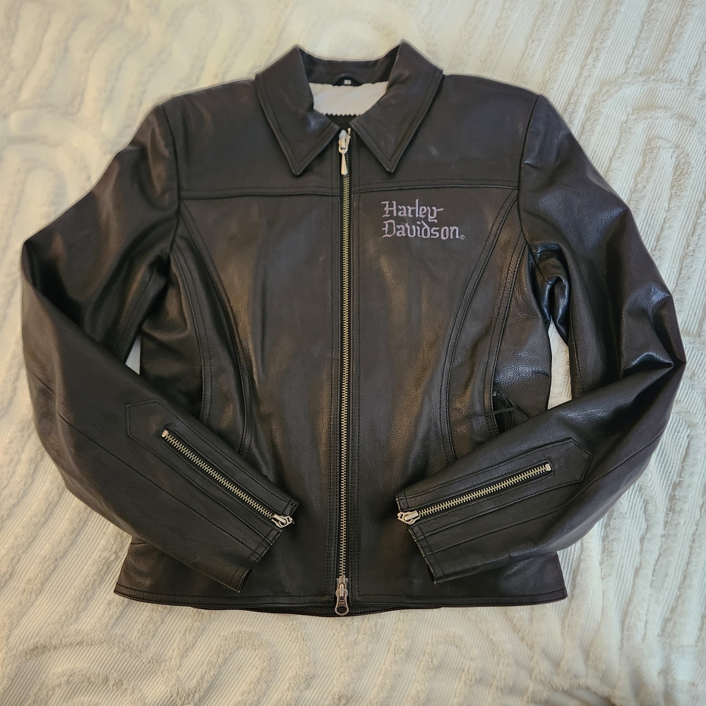 Harley-Davidson Women's Black Leather Motorcycle Zip Jacket Purple Embroidery Xs - Picture 2 of 12